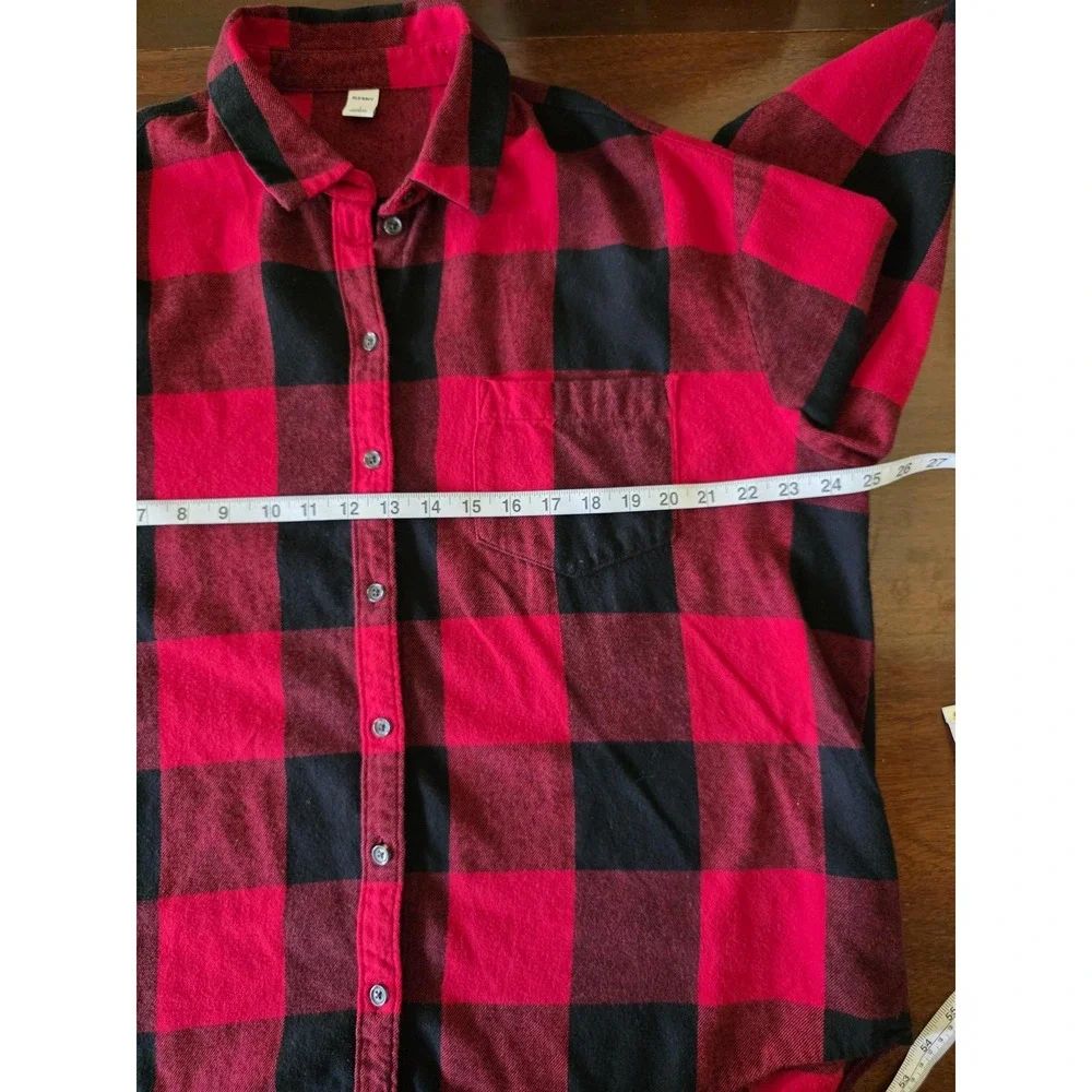Old Navy Shirt Womens Lg Red Black Plaid Flannel Button Up Long‎ Sleeve Cotton - Picture 8 of 10
